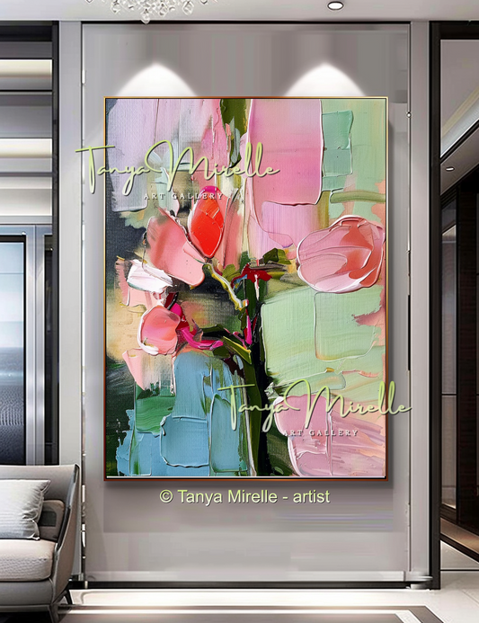 Elegant Abstract Flower Wall Art, Oil Impasto Painting #240