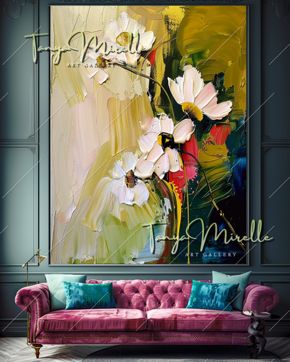 Vibrant Abstract Flower Canvas, Impasto Oil Painting #360