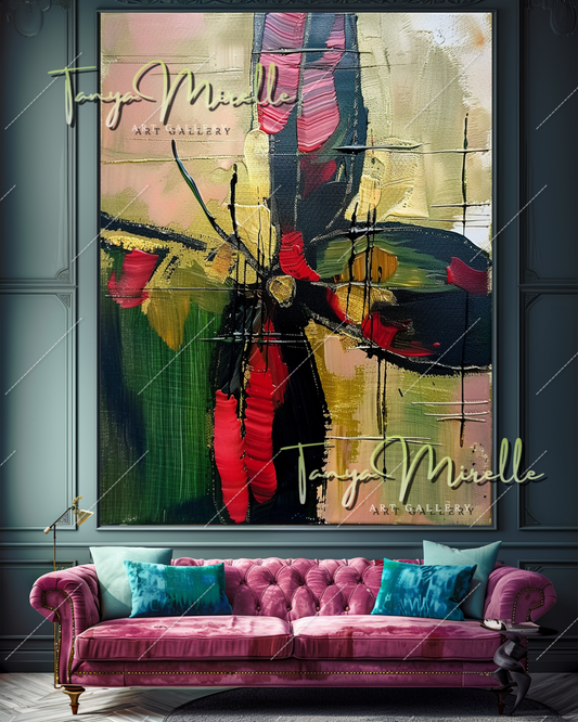 Bold Red and Green Abstract Oil Painting on Canvas #347