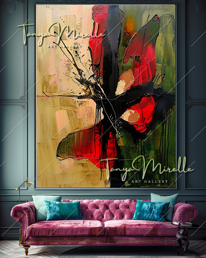 Bold Red and Green Abstract Oil Painting on Canvas #347