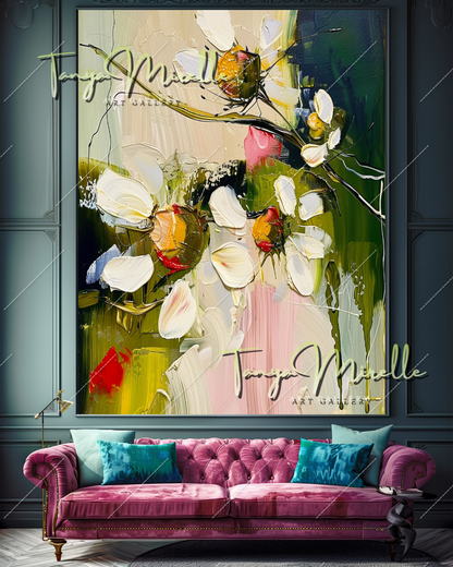 Vibrant Abstract Flower Canvas, Impasto Oil Painting #360