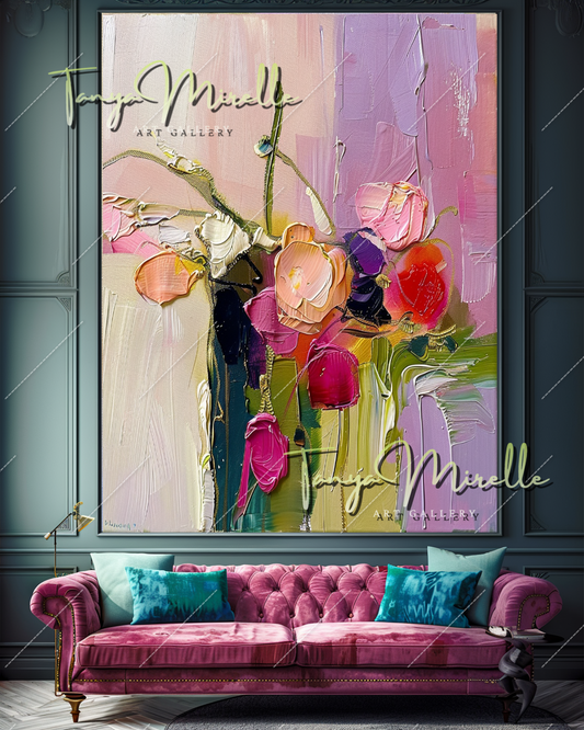 Colorful Abstract Flower Oil Painting, Palette Knife Art #356