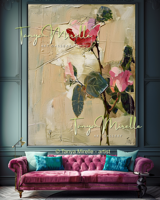 Abstract Roses Painting, Impasto Floral Artwork #327