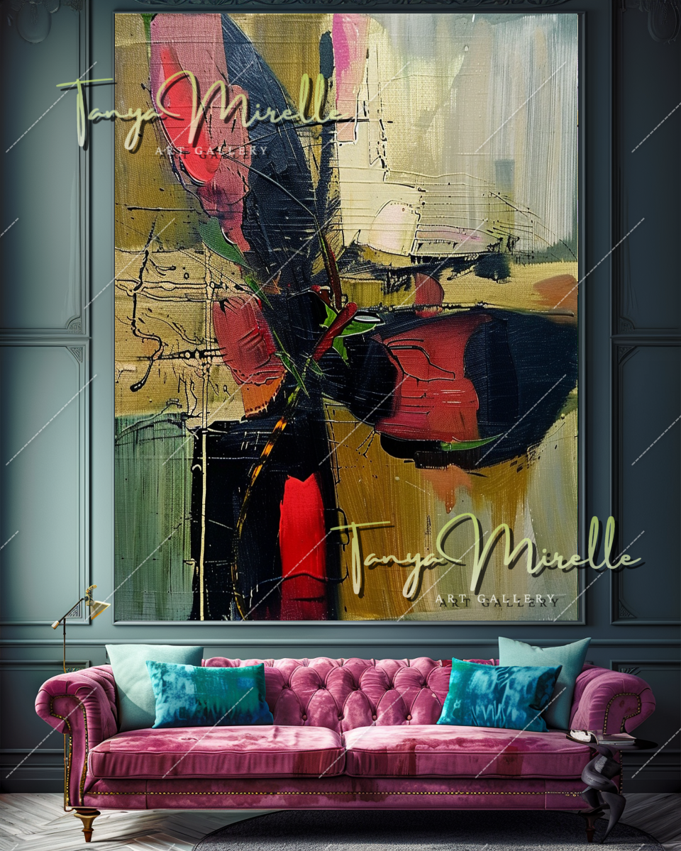 Bold Red and Green Abstract Oil Painting on Canvas #347