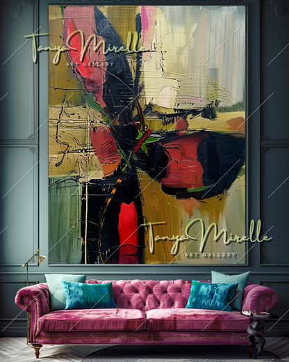 Bold Red and Green Abstract Oil Painting on Canvas #347