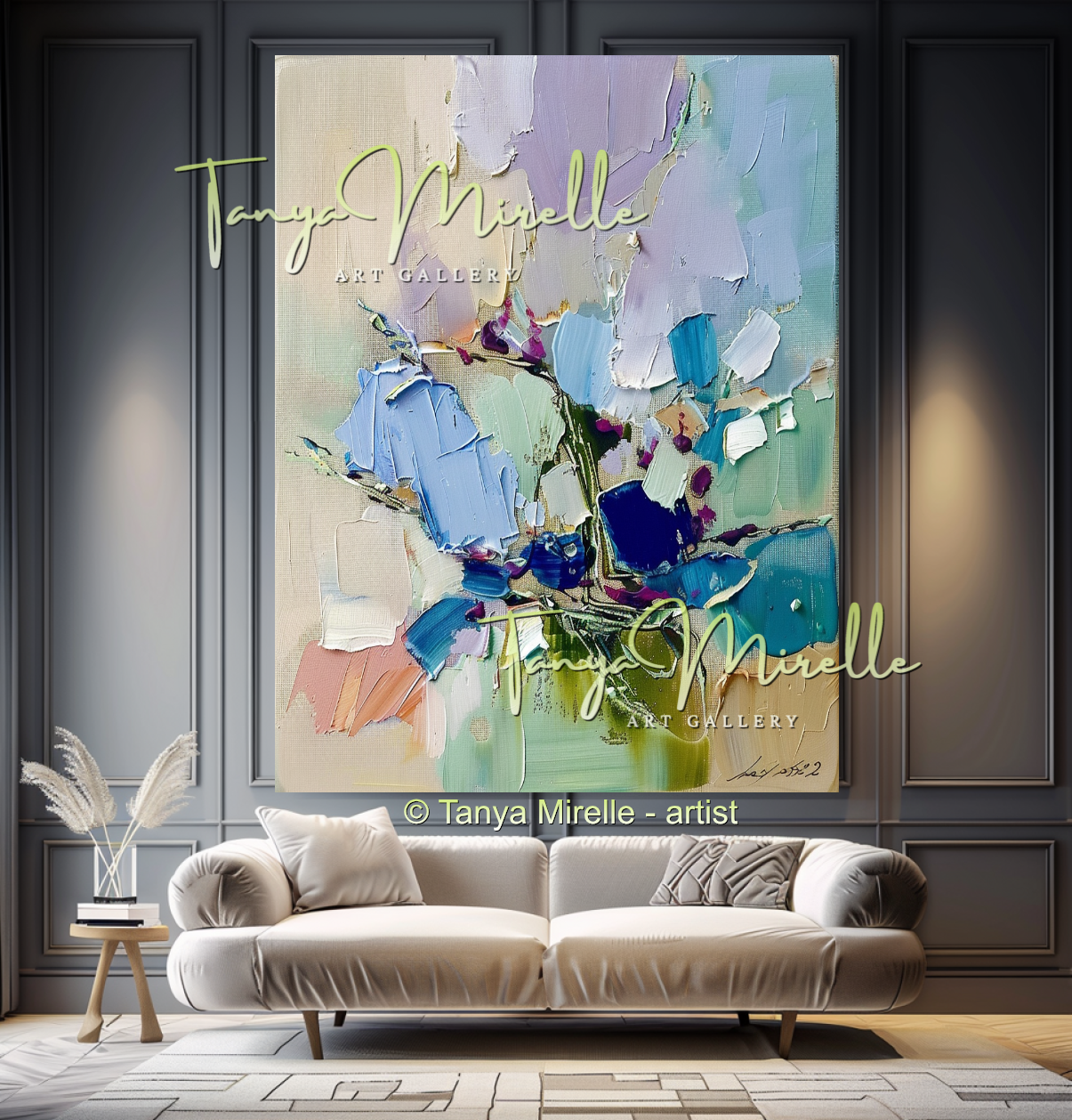 Modern Blue Floral Canvas Artwork with Texture #341