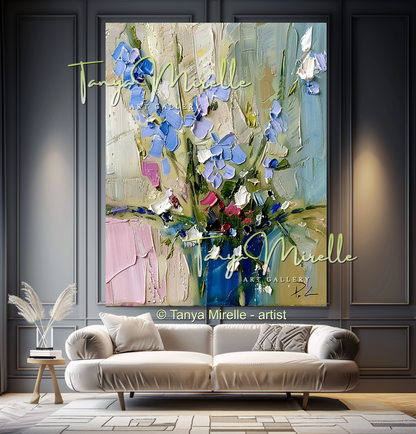Modern Blue Floral Canvas Artwork with Texture #340