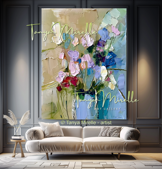 Modern Blue Floral Canvas Artwork with Texture #340