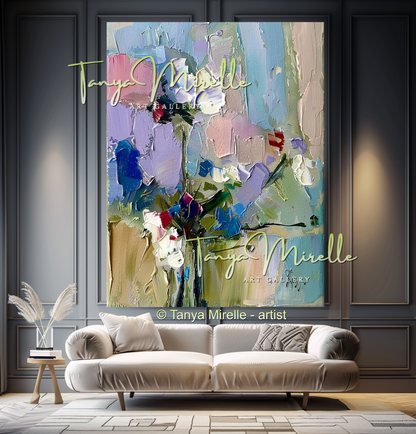 Modern Blue Floral Canvas Artwork with Texture #341