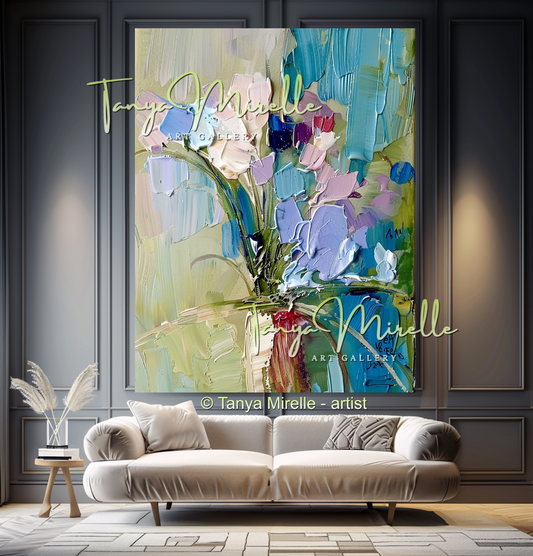 Modern Blue Floral Canvas Artwork with Texture #341