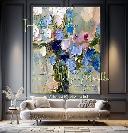 Modern Blue Floral Canvas Artwork with Texture #340