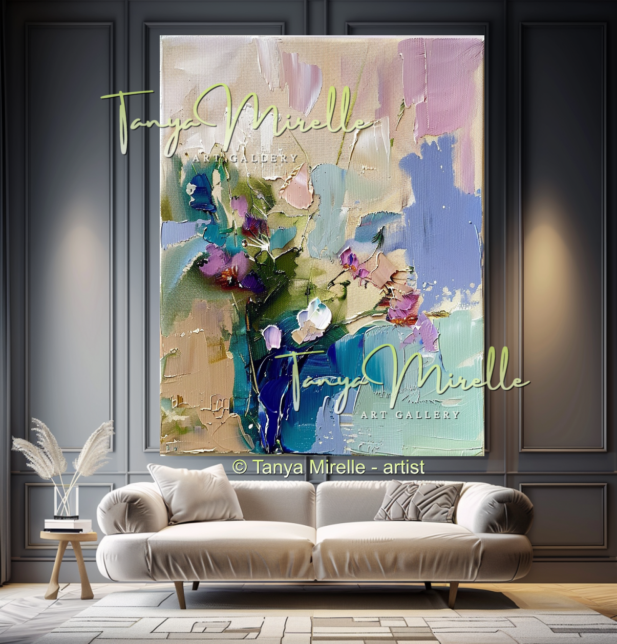Modern Blue Floral Canvas Artwork with Texture #341