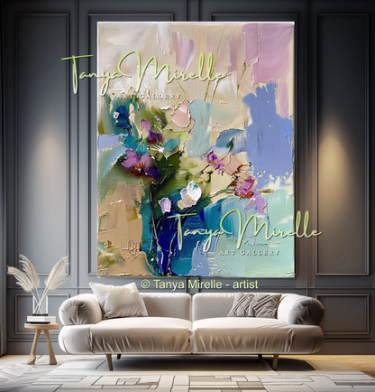 Modern Blue Floral Canvas Artwork with Texture #341