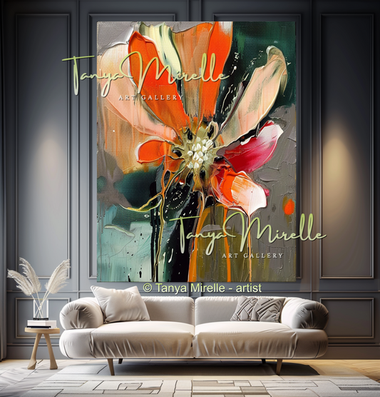 Bold Floral Oil Painting, Abstract Impasto Flowers Wall Art #345