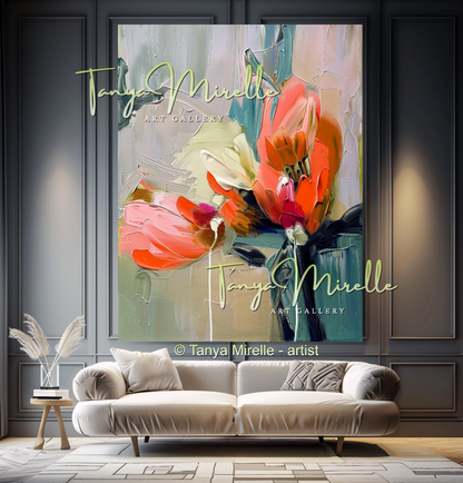 Bold Floral Oil Painting, Abstract Impasto Flowers Wall Art #345