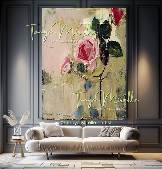 Abstract Roses Painting, Impasto Floral Artwork #328